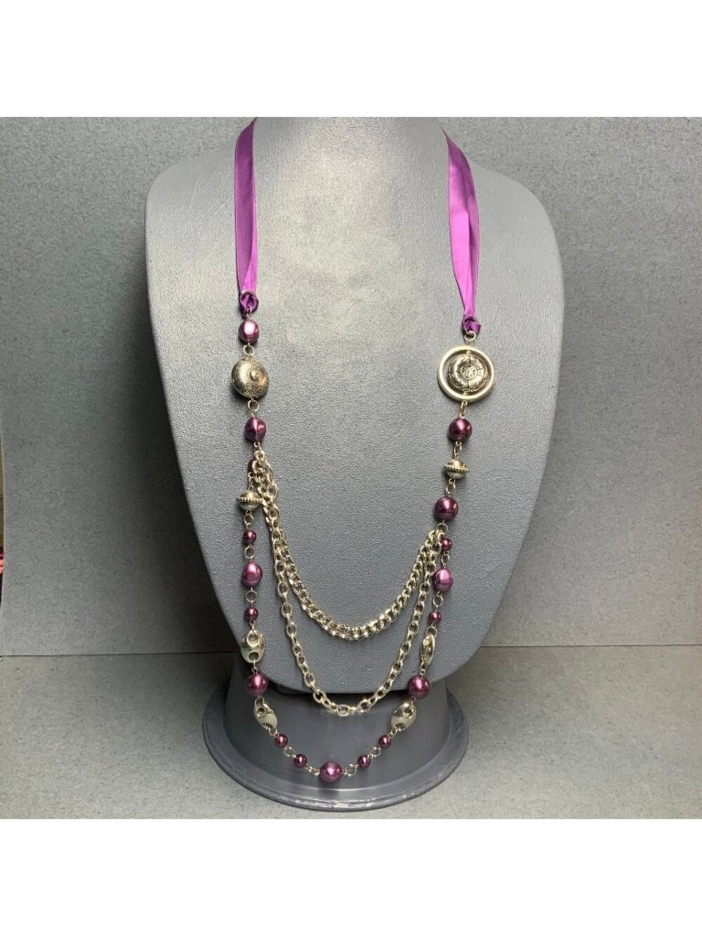Beaded Ribbon Tie Necklace 30 In Purple Pearl Silver Multi Layer Chain Vintage